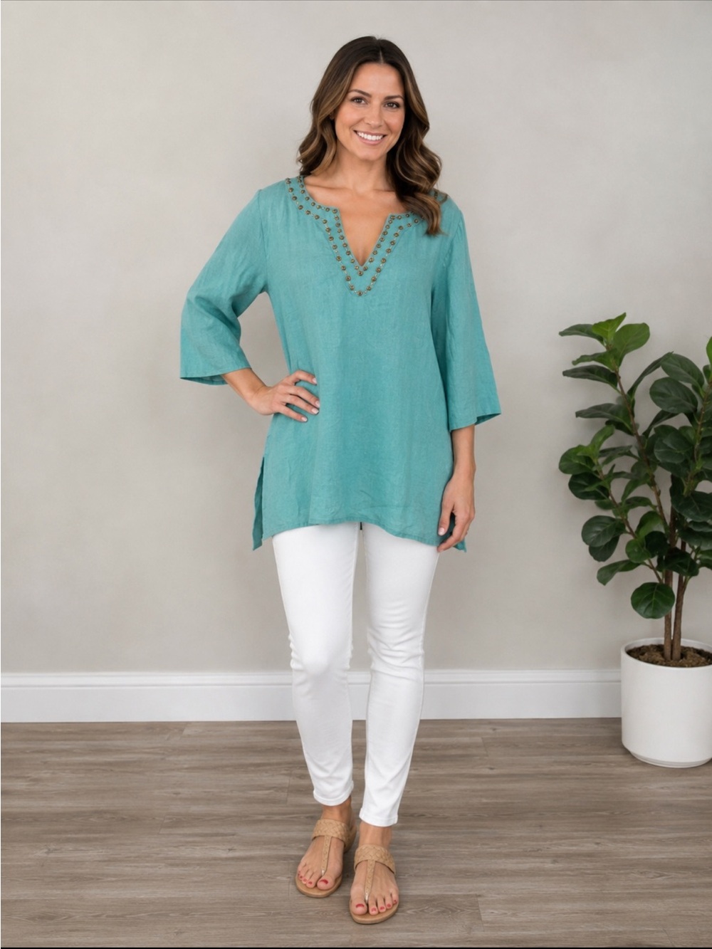 Rafaella 100% Linen Aqua Embellished Tunic Top size XLarge